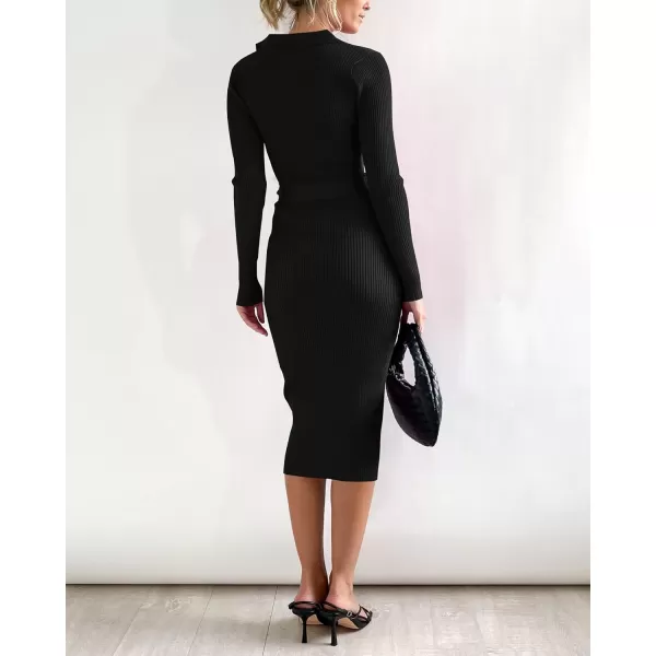 BTFBM 2024 Women V Neck Long Sleeve Bodycon Sweater Dress Button Up Tie Waist Ribbed Knit Midi Pencil Dresses with BeltSolid Black
