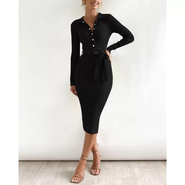 BTFBM 2024 Women V Neck Long Sleeve Bodycon Sweater Dress Button Up Tie Waist Ribbed Knit Midi Pencil Dresses with BeltSolid Black