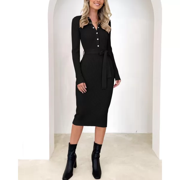 BTFBM 2024 Women V Neck Long Sleeve Bodycon Sweater Dress Button Up Tie Waist Ribbed Knit Midi Pencil Dresses with BeltSolid Black
