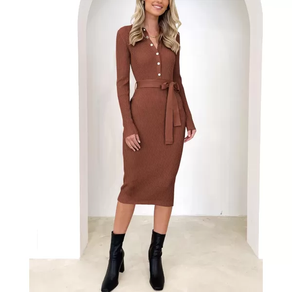 BTFBM 2024 Women V Neck Long Sleeve Bodycon Sweater Dress Button Up Tie Waist Ribbed Knit Midi Pencil Dresses with BeltSolid Brown