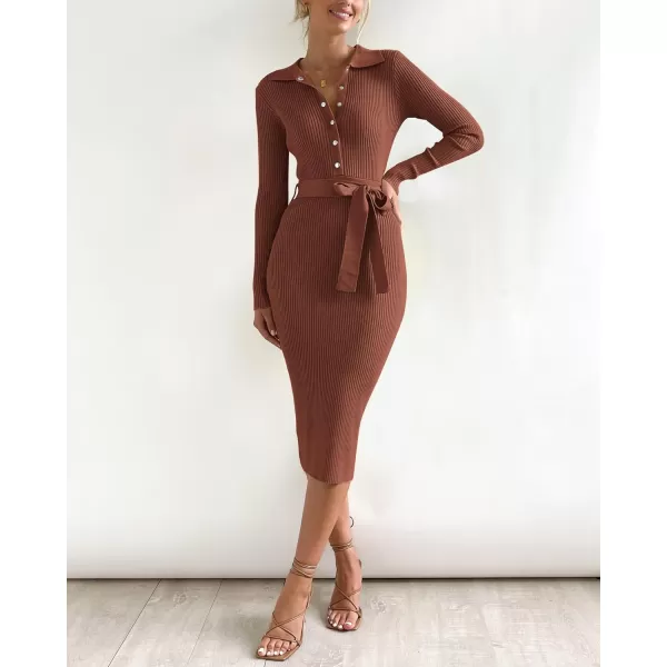 BTFBM 2024 Women V Neck Long Sleeve Bodycon Sweater Dress Button Up Tie Waist Ribbed Knit Midi Pencil Dresses with BeltSolid Brown