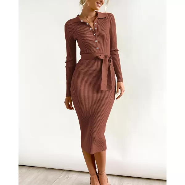 BTFBM 2024 Women V Neck Long Sleeve Bodycon Sweater Dress Button Up Tie Waist Ribbed Knit Midi Pencil Dresses with BeltSolid Brown