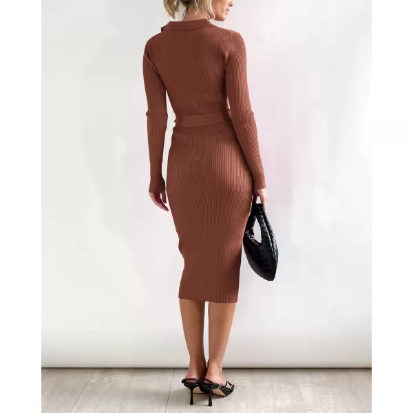 BTFBM 2024 Women V Neck Long Sleeve Bodycon Sweater Dress Button Up Tie Waist Ribbed Knit Midi Pencil Dresses with BeltSolid Brown