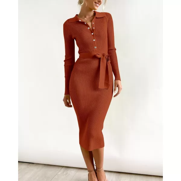 BTFBM 2024 Women V Neck Long Sleeve Bodycon Sweater Dress Button Up Tie Waist Ribbed Knit Midi Pencil Dresses with BeltSolid Caramel