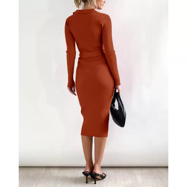 BTFBM 2024 Women V Neck Long Sleeve Bodycon Sweater Dress Button Up Tie Waist Ribbed Knit Midi Pencil Dresses with BeltSolid Caramel