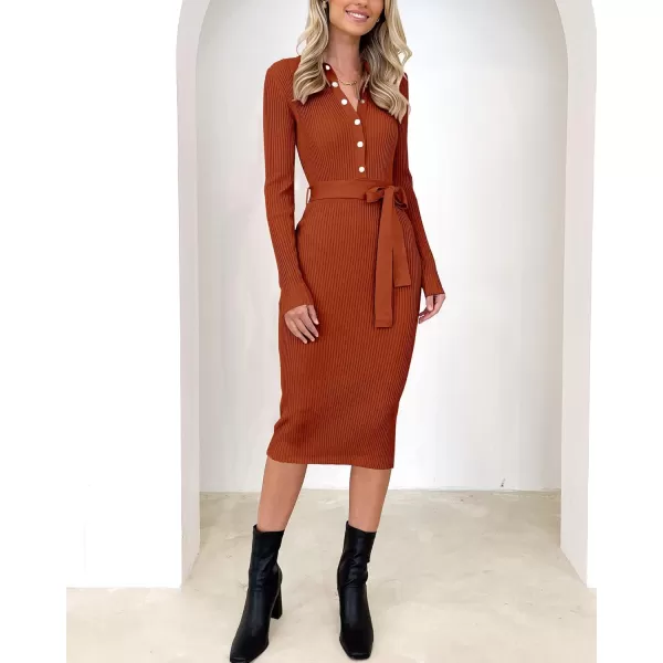BTFBM 2024 Women V Neck Long Sleeve Bodycon Sweater Dress Button Up Tie Waist Ribbed Knit Midi Pencil Dresses with BeltSolid Caramel