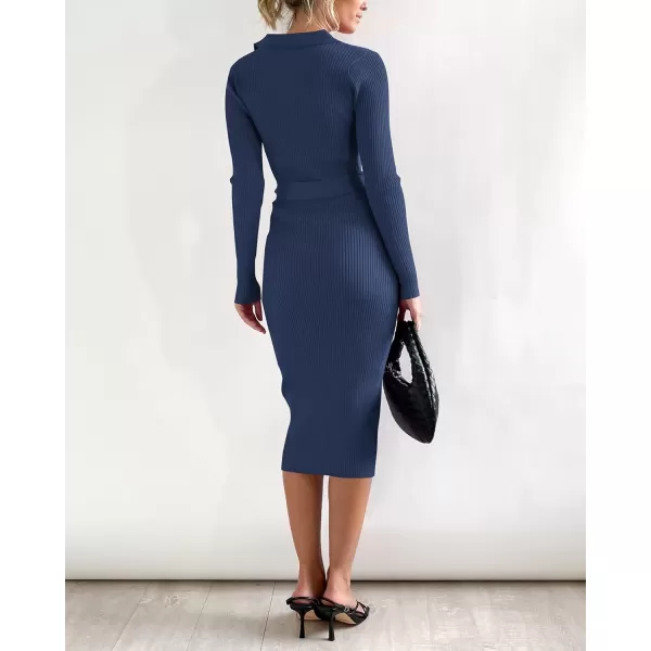 BTFBM 2024 Women V Neck Long Sleeve Bodycon Sweater Dress Button Up Tie Waist Ribbed Knit Midi Pencil Dresses with BeltSolid Dark Blue