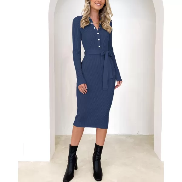 BTFBM 2024 Women V Neck Long Sleeve Bodycon Sweater Dress Button Up Tie Waist Ribbed Knit Midi Pencil Dresses with BeltSolid Dark Blue