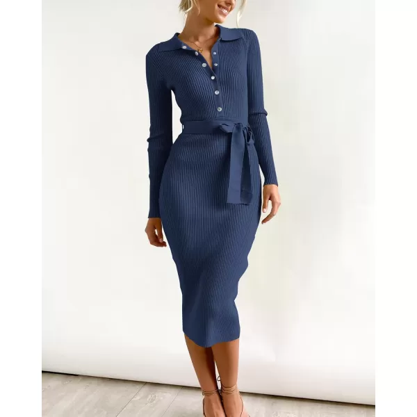 BTFBM 2024 Women V Neck Long Sleeve Bodycon Sweater Dress Button Up Tie Waist Ribbed Knit Midi Pencil Dresses with BeltSolid Dark Blue
