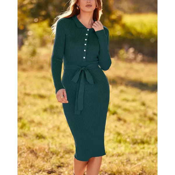 BTFBM 2024 Women V Neck Long Sleeve Bodycon Sweater Dress Button Up Tie Waist Ribbed Knit Midi Pencil Dresses with BeltSolid Green