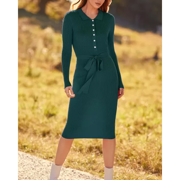 BTFBM 2024 Women V Neck Long Sleeve Bodycon Sweater Dress Button Up Tie Waist Ribbed Knit Midi Pencil Dresses with BeltSolid Green