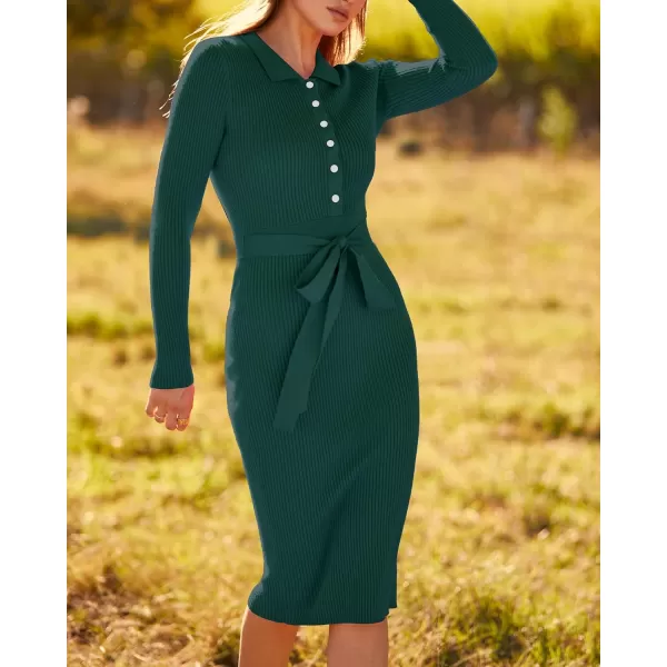 BTFBM 2024 Women V Neck Long Sleeve Bodycon Sweater Dress Button Up Tie Waist Ribbed Knit Midi Pencil Dresses with BeltSolid Green