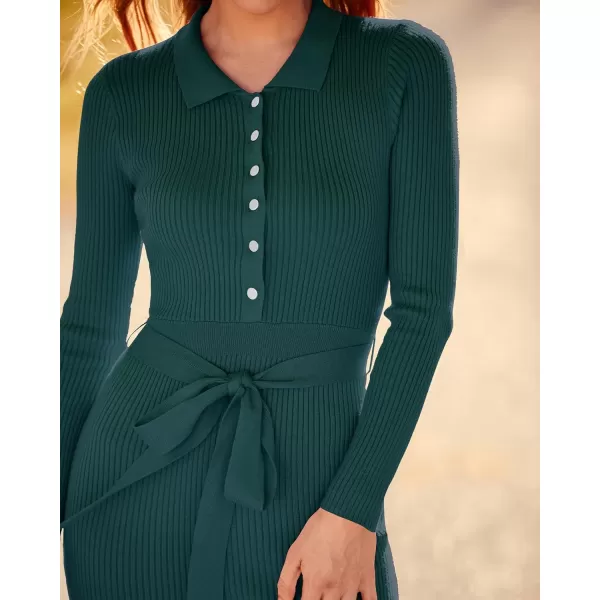BTFBM 2024 Women V Neck Long Sleeve Bodycon Sweater Dress Button Up Tie Waist Ribbed Knit Midi Pencil Dresses with BeltSolid Green
