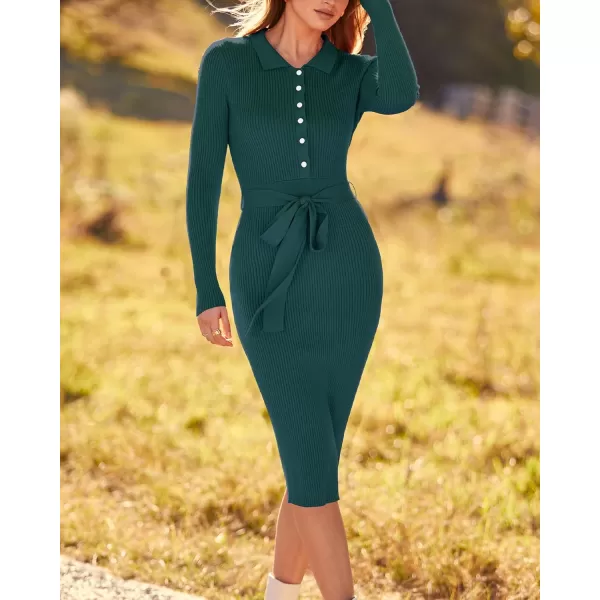 BTFBM 2024 Women V Neck Long Sleeve Bodycon Sweater Dress Button Up Tie Waist Ribbed Knit Midi Pencil Dresses with BeltSolid Green
