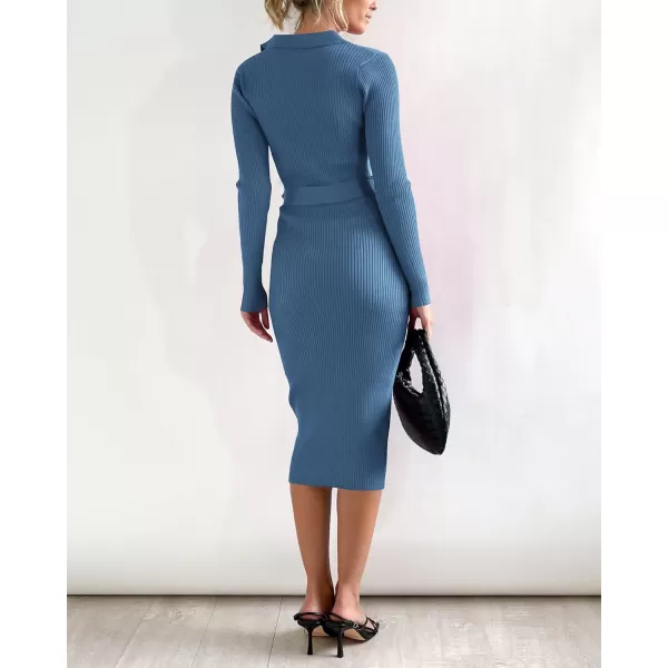 BTFBM 2024 Women V Neck Long Sleeve Bodycon Sweater Dress Button Up Tie Waist Ribbed Knit Midi Pencil Dresses with BeltSolid Grey Blue