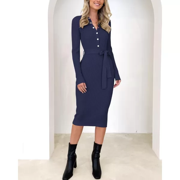 BTFBM 2024 Women V Neck Long Sleeve Bodycon Sweater Dress Button Up Tie Waist Ribbed Knit Midi Pencil Dresses with BeltSolid Navy