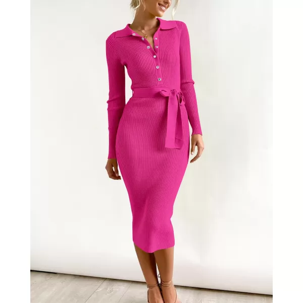 BTFBM 2024 Women V Neck Long Sleeve Bodycon Sweater Dress Button Up Tie Waist Ribbed Knit Midi Pencil Dresses with BeltSolid Rose Red