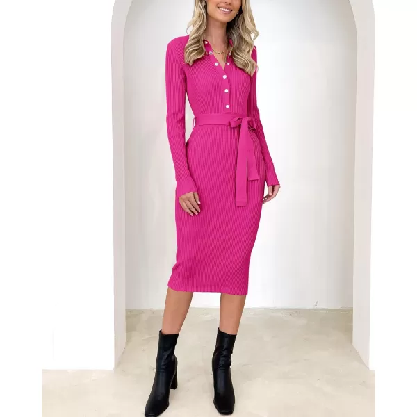 BTFBM 2024 Women V Neck Long Sleeve Bodycon Sweater Dress Button Up Tie Waist Ribbed Knit Midi Pencil Dresses with BeltSolid Rose Red