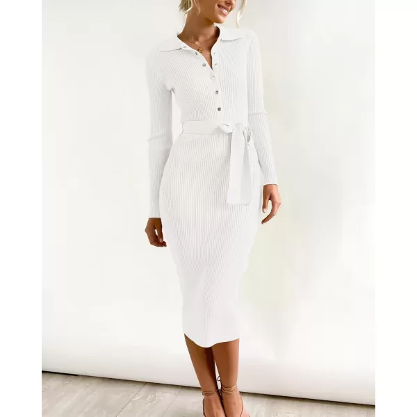 BTFBM 2024 Women V Neck Long Sleeve Bodycon Sweater Dress Button Up Tie Waist Ribbed Knit Midi Pencil Dresses with BeltSolid White