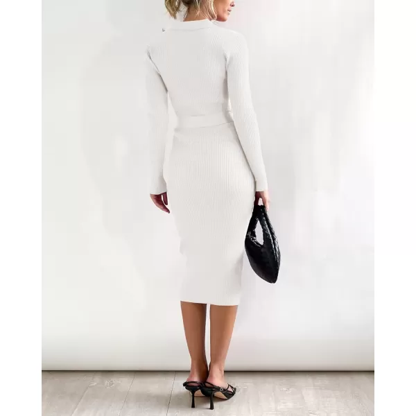 BTFBM 2024 Women V Neck Long Sleeve Bodycon Sweater Dress Button Up Tie Waist Ribbed Knit Midi Pencil Dresses with BeltSolid White