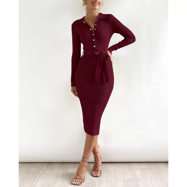 BTFBM 2024 Women V Neck Long Sleeve Bodycon Sweater Dress Button Up Tie Waist Ribbed Knit Midi Pencil Dresses with BeltSolid Wine Red
