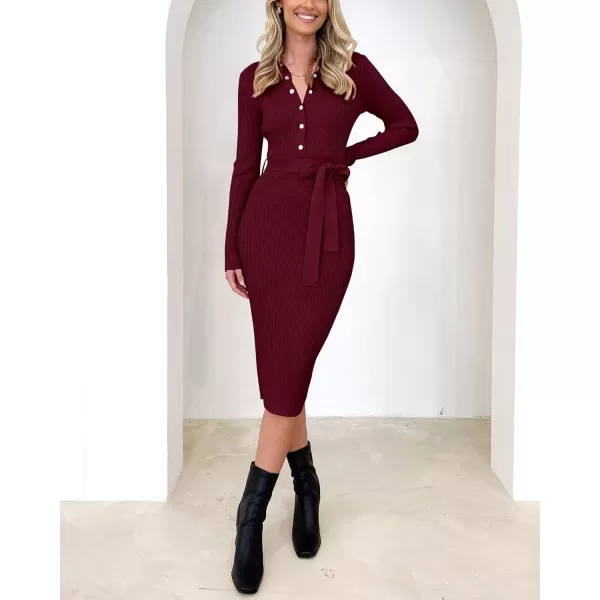 BTFBM 2024 Women V Neck Long Sleeve Bodycon Sweater Dress Button Up Tie Waist Ribbed Knit Midi Pencil Dresses with BeltSolid Wine Red