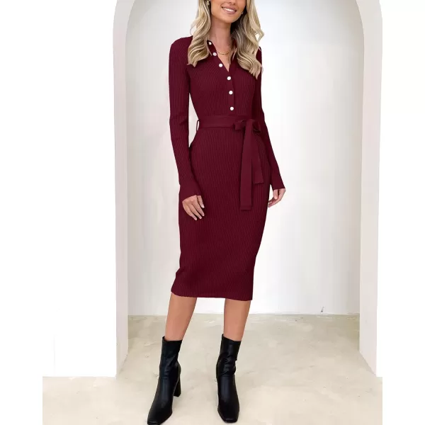 BTFBM 2024 Women V Neck Long Sleeve Bodycon Sweater Dress Button Up Tie Waist Ribbed Knit Midi Pencil Dresses with BeltSolid Wine Red