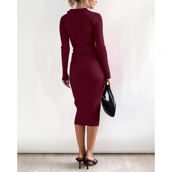 BTFBM 2024 Women V Neck Long Sleeve Bodycon Sweater Dress Button Up Tie Waist Ribbed Knit Midi Pencil Dresses with BeltSolid Wine Red