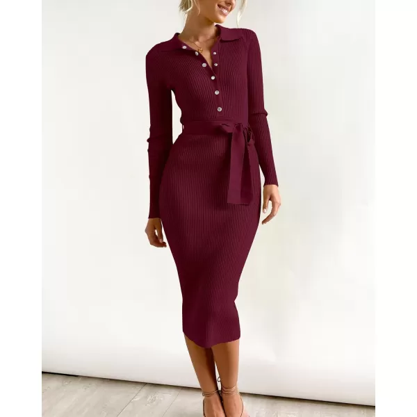 BTFBM 2024 Women V Neck Long Sleeve Bodycon Sweater Dress Button Up Tie Waist Ribbed Knit Midi Pencil Dresses with BeltSolid Wine Red