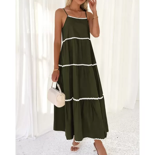 BTFBM Boho Summer Dresses 2024 Vacation Spaghetti Strap Backless RIC Rac Trim Tiered ALine Long Casual Swing SundressSolid Army Green