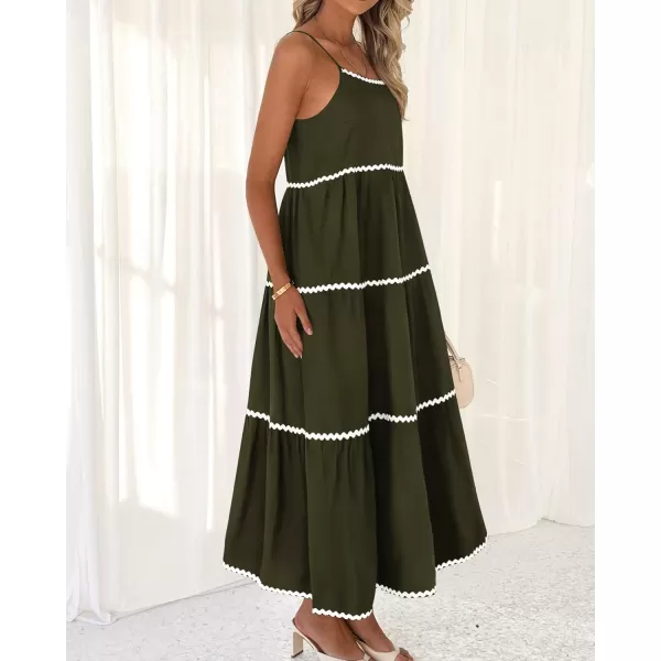 BTFBM Boho Summer Dresses 2024 Vacation Spaghetti Strap Backless RIC Rac Trim Tiered ALine Long Casual Swing SundressSolid Army Green