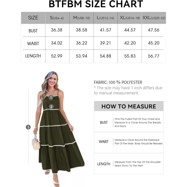 BTFBM Boho Summer Dresses 2024 Vacation Spaghetti Strap Backless RIC Rac Trim Tiered ALine Long Casual Swing SundressSolid Army Green