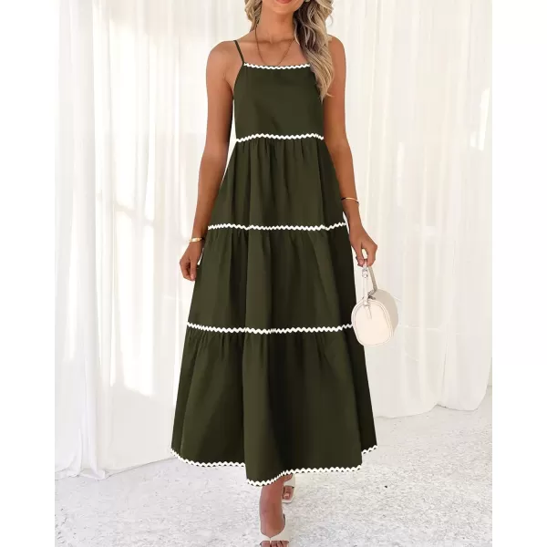 BTFBM Boho Summer Dresses 2024 Vacation Spaghetti Strap Backless RIC Rac Trim Tiered ALine Long Casual Swing SundressSolid Army Green