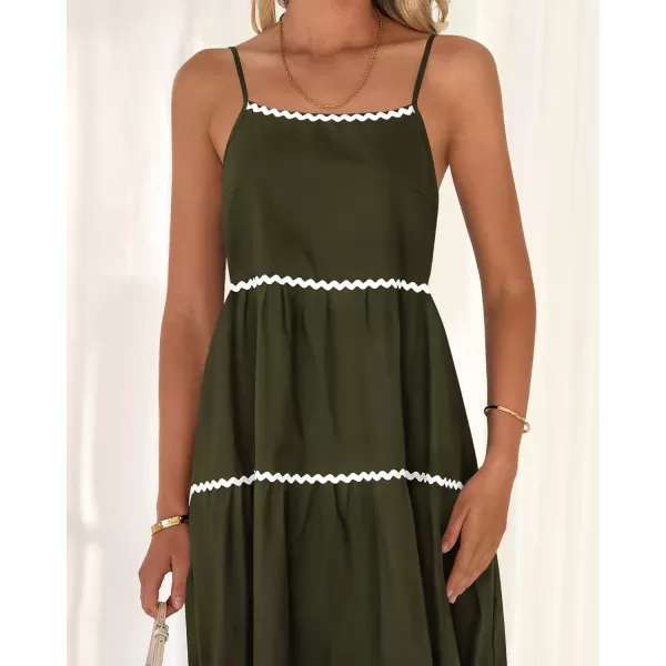 BTFBM Boho Summer Dresses 2024 Vacation Spaghetti Strap Backless RIC Rac Trim Tiered ALine Long Casual Swing SundressSolid Army Green