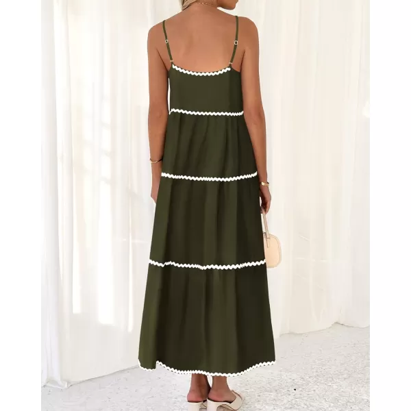BTFBM Boho Summer Dresses 2024 Vacation Spaghetti Strap Backless RIC Rac Trim Tiered ALine Long Casual Swing SundressSolid Army Green