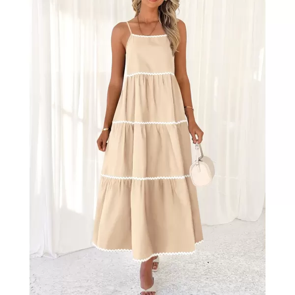 BTFBM Boho Summer Dresses 2024 Vacation Spaghetti Strap Backless RIC Rac Trim Tiered ALine Long Casual Swing SundressSolid Beige