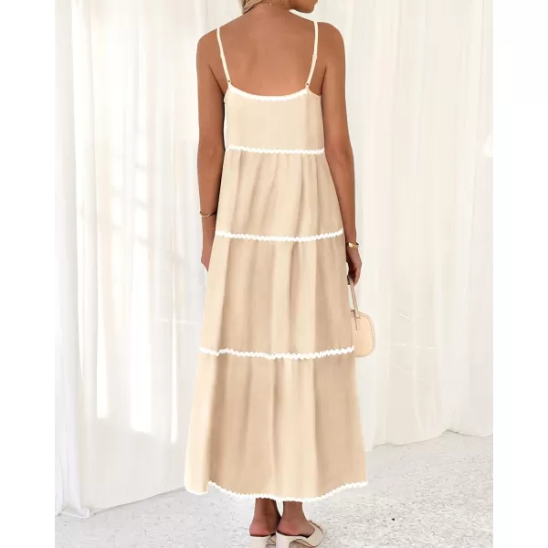 BTFBM Boho Summer Dresses 2024 Vacation Spaghetti Strap Backless RIC Rac Trim Tiered ALine Long Casual Swing SundressSolid Beige