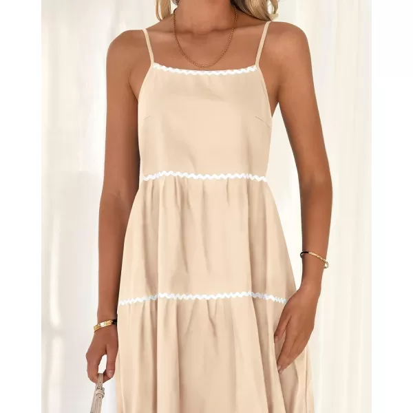 BTFBM Boho Summer Dresses 2024 Vacation Spaghetti Strap Backless RIC Rac Trim Tiered ALine Long Casual Swing SundressSolid Beige