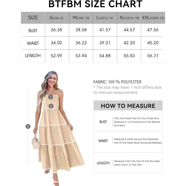 BTFBM Boho Summer Dresses 2024 Vacation Spaghetti Strap Backless RIC Rac Trim Tiered ALine Long Casual Swing SundressSolid Beige