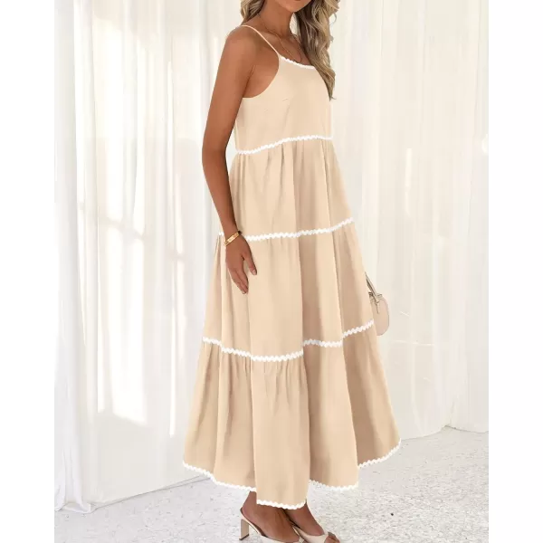 BTFBM Boho Summer Dresses 2024 Vacation Spaghetti Strap Backless RIC Rac Trim Tiered ALine Long Casual Swing SundressSolid Beige