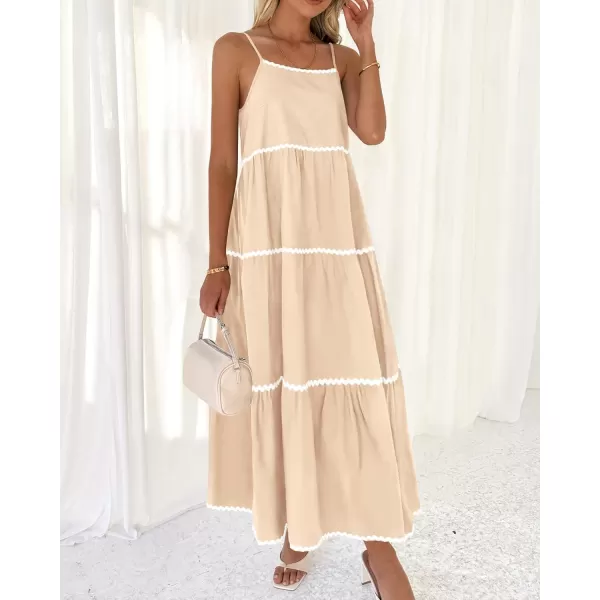 BTFBM Boho Summer Dresses 2024 Vacation Spaghetti Strap Backless RIC Rac Trim Tiered ALine Long Casual Swing SundressSolid Beige