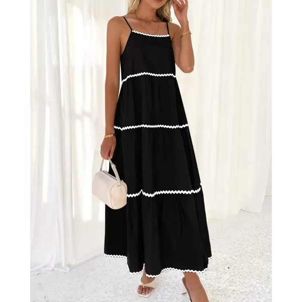 BTFBM Boho Summer Dresses 2024 Vacation Spaghetti Strap Backless RIC Rac Trim Tiered ALine Long Casual Swing SundressSolid Black