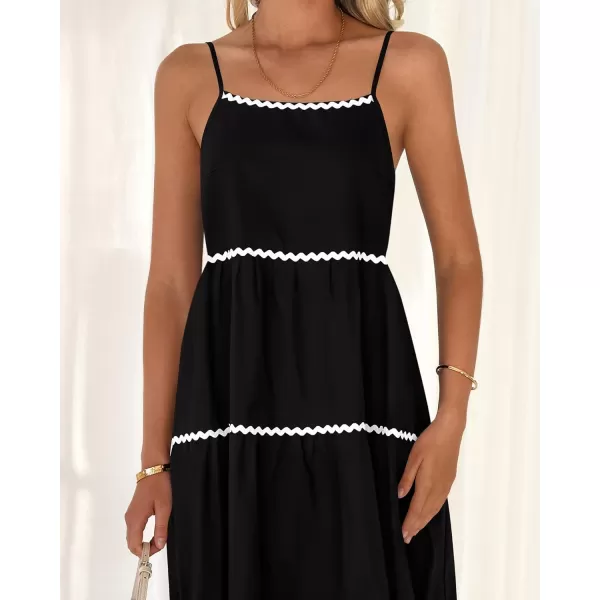 BTFBM Boho Summer Dresses 2024 Vacation Spaghetti Strap Backless RIC Rac Trim Tiered ALine Long Casual Swing SundressSolid Black