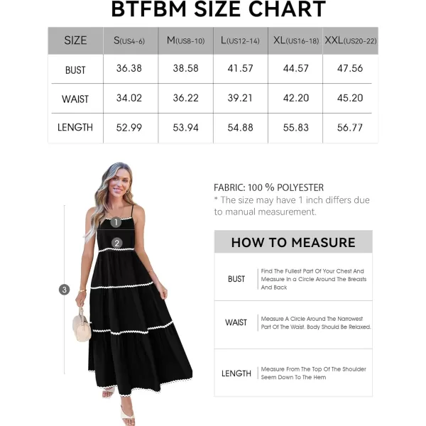 BTFBM Boho Summer Dresses 2024 Vacation Spaghetti Strap Backless RIC Rac Trim Tiered ALine Long Casual Swing SundressSolid Black