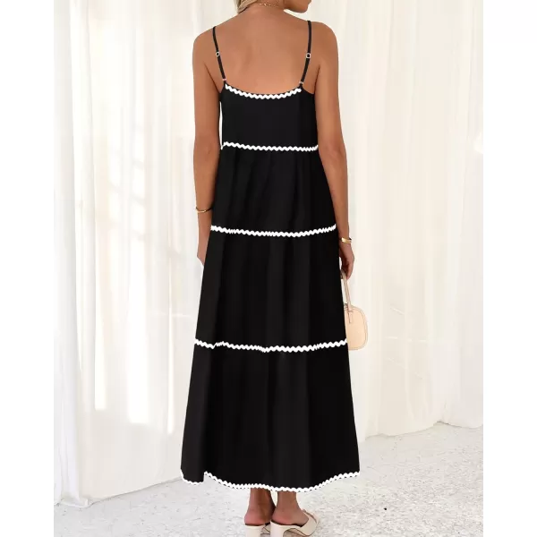 BTFBM Boho Summer Dresses 2024 Vacation Spaghetti Strap Backless RIC Rac Trim Tiered ALine Long Casual Swing SundressSolid Black