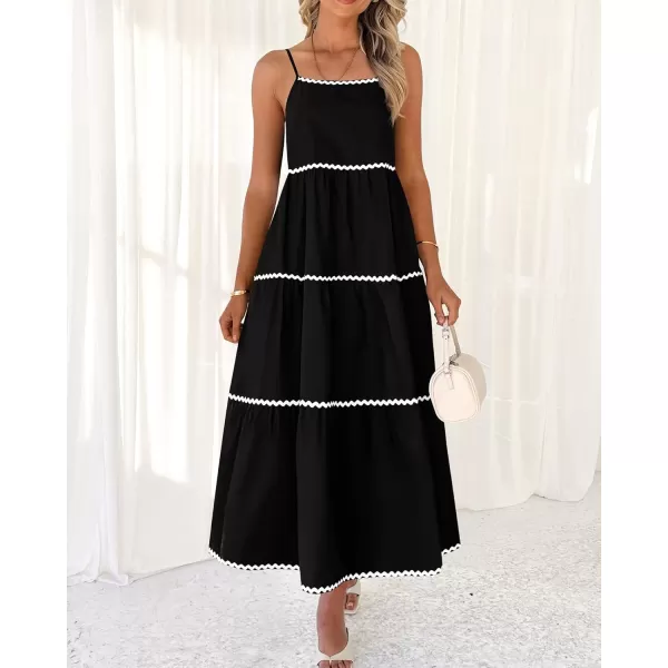 BTFBM Boho Summer Dresses 2024 Vacation Spaghetti Strap Backless RIC Rac Trim Tiered ALine Long Casual Swing SundressSolid Black