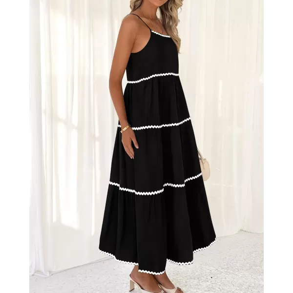 BTFBM Boho Summer Dresses 2024 Vacation Spaghetti Strap Backless RIC Rac Trim Tiered ALine Long Casual Swing SundressSolid Black