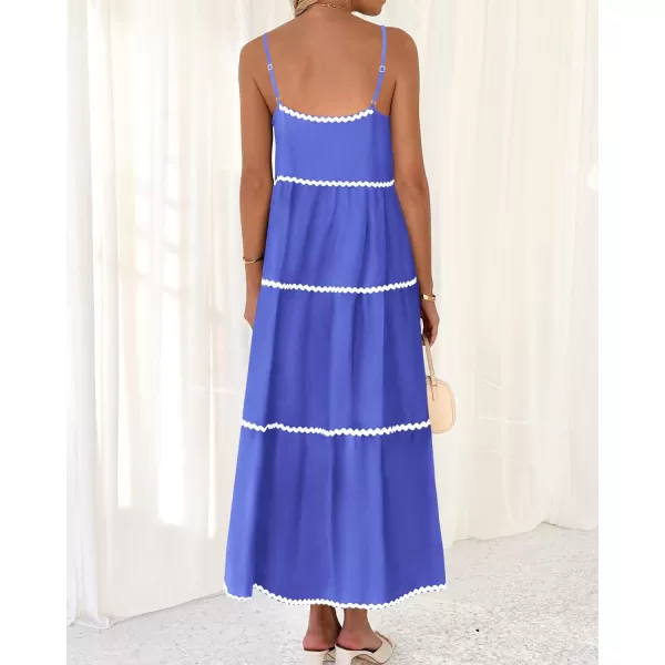 BTFBM Boho Summer Dresses 2024 Vacation Spaghetti Strap Backless RIC Rac Trim Tiered ALine Long Casual Swing SundressSolid Blue