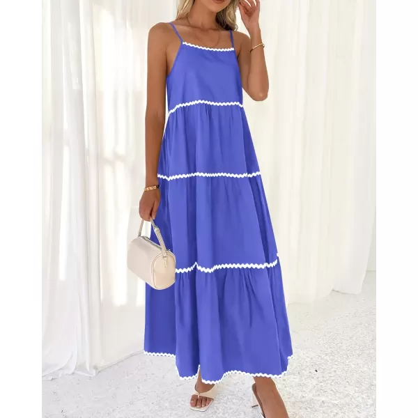 BTFBM Boho Summer Dresses 2024 Vacation Spaghetti Strap Backless RIC Rac Trim Tiered ALine Long Casual Swing SundressSolid Blue