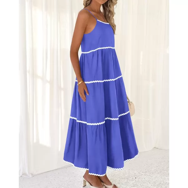 BTFBM Boho Summer Dresses 2024 Vacation Spaghetti Strap Backless RIC Rac Trim Tiered ALine Long Casual Swing SundressSolid Blue